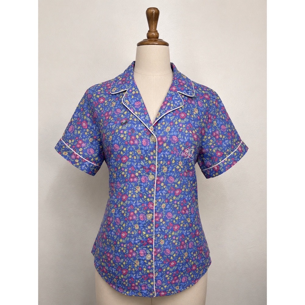 Lauren Ralph Lauren Womens Floral Pajama Top Blue Pink Short Sleeve Button‎ Up M